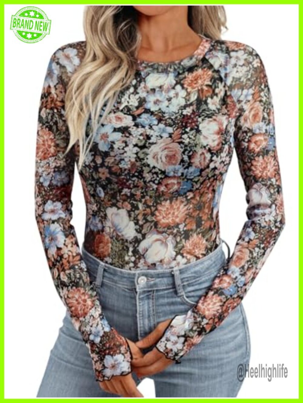Sheer Mesh Floral Long Sleeve Top - Casual Stylish